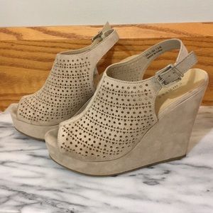 Chinese laundry eyelet nude suede wedge heels.